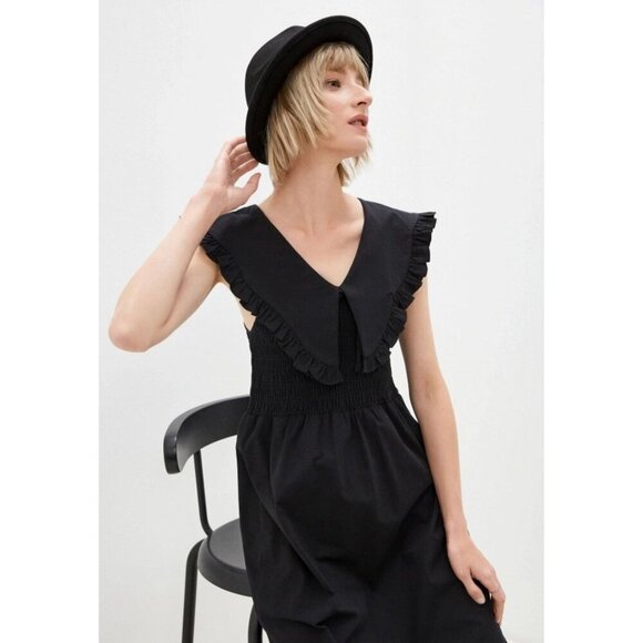 NEW Topshop Black Cotton V-neck Ruffle Midi Dress Size 6 - 23052 - Picture 3 of 13